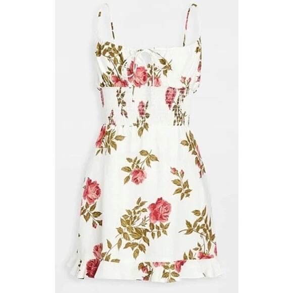 Reformation Rosemary Floral Print Linen Smocked Waist Mini Dress White 4 - Picture 1 of 10